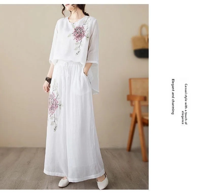 plus Size Women's Retro Cotton Linen Set Wide Leg Pants Slimming Mom Two Piece Suit Spring Fashion Korean Style Commute Wear