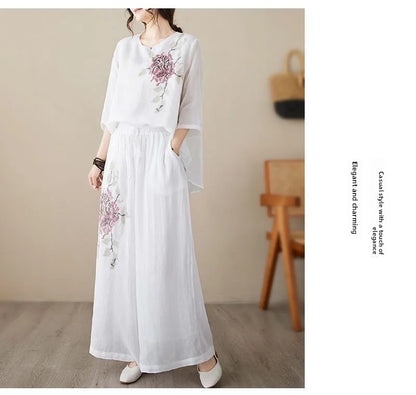 plus Size Women's Retro Cotton Linen Set Wide Leg Pants Slimming Mom Two Piece Suit Spring Fashion Korean Style Commute Wear
