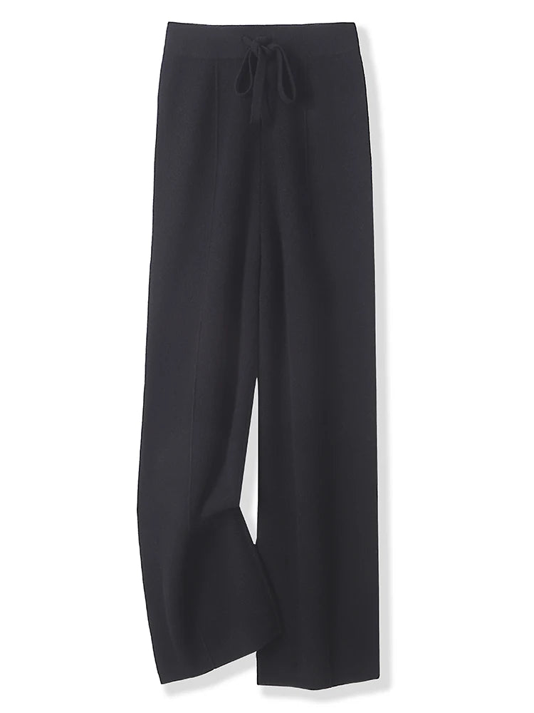 100% Merino Wool Pants Women Autumn Winter Casual Wide Leg Trousers Middle Seam Style Knitted Cashmere Soft Lace-up Trendy Pants