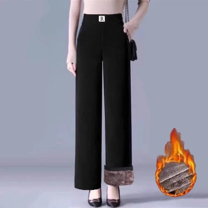 High Waist Fleece Lined Thick Wide Leg Casual Pants for Women Autumn Winter Straight Cut Versatile Comfortable Cotton Trousers