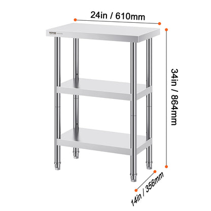 SucceBuy Stainless Steel Food Prep Table Commercial Kitchen Worktable with 2 Adjustable Undershelf for BBQ Kitchen Home Garage