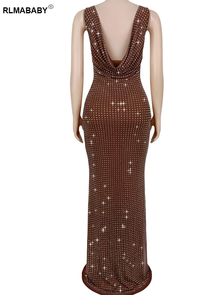 RLMABABY Sexy Swinging Collar Diamond Women Club Bodycon Dress Sleeveless Backless Evening Party Long Prom Dress