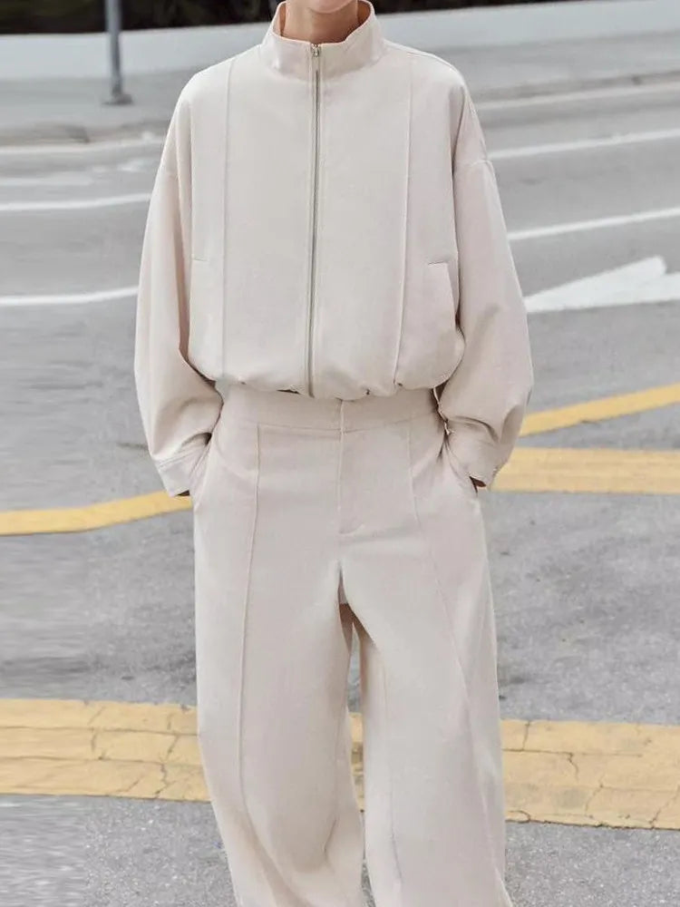 Women's Pilot Jacket Coat High Waist Commute Line Decor Straight Leg Pants Two Piece Set Long Sleeve Stand Collar Jacket