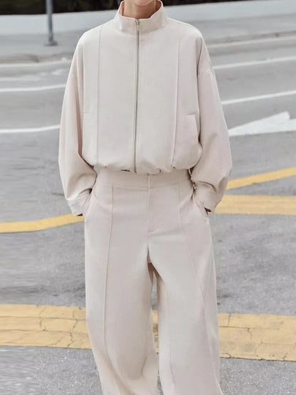 Women's Pilot Jacket Coat High Waist Commute Line Decor Straight Leg Pants Two Piece Set Long Sleeve Stand Collar Jacket