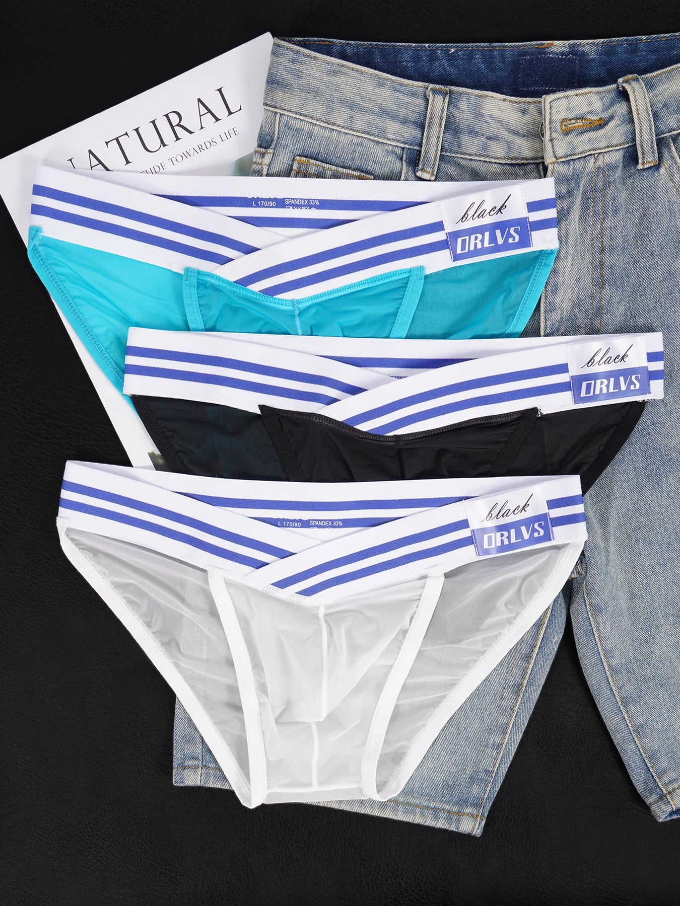 3 PCS Men's Ice Silk Ultra-Thin Barely-There Mesh Sheer Briefs, Striped V-Shape Elastic Waistband Summer Daily Commute Underwear