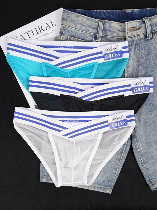 3 PCS Men's Ice Silk Ultra-Thin Barely-There Mesh Sheer Briefs, Striped V-Shape Elastic Waistband Summer Daily Commute Underwear