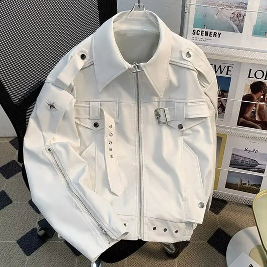 Mens High Street American Deconstructive Leather Jacket Winter Motorcycle Loose Cool Short Coat Motorcycle Jacket