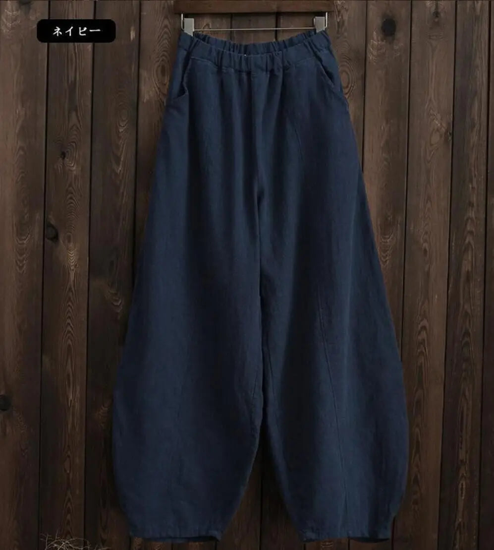 Cotton Linen Bloomers Wide Leg Pants Women Vintage Full Length Fashion Elegent Pants Solid Elasitic Waist Spring Autumn 5XL