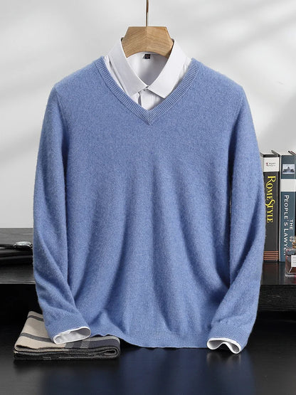 100% Cashmere Sweater Men's V-Neck Knit Pullover 2025 Spring/Autumn New Solid Color Long Sleeved Tops Business Casual Menswear