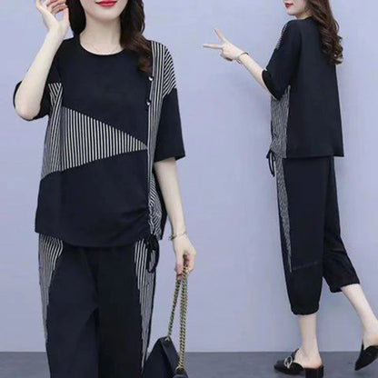 Summer New Style Women's Sporty Casual Short Sleeve TT Shirt Set Large Size Two-Piece Fashionable Korean Trendy Outfit