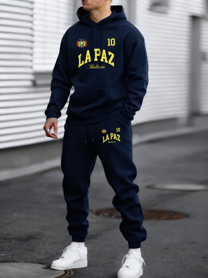 Lapaz Bolivia Emblem Printed Comfy Street Hoodie Winter Fleece Casual Sweatshirts Long Pants Sets Man Basics All-Match Sweatpant