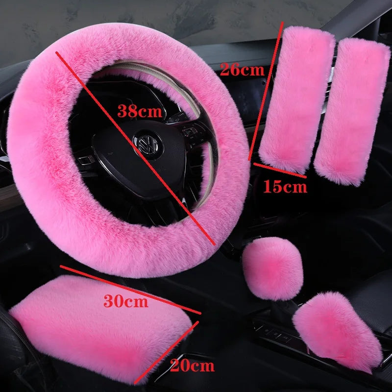 Plush Car Steering Wheel Cover 6piece Set Winter Warmth And Elastic Non Slip Handle Cover  Women's Car Interior Accessories