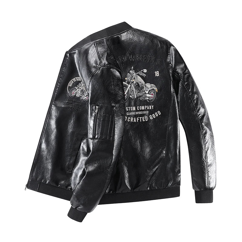 Leather Jacket Men's Baseball Collar Fleece Lined Thick Loose Casual Trendy Motorcycle Clothes Jacket Embroidered Outerwear