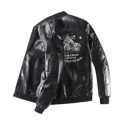 Leather Jacket Men's Baseball Collar Fleece Lined Thick Loose Casual Trendy Motorcycle Clothes Jacket Embroidered Outerwear