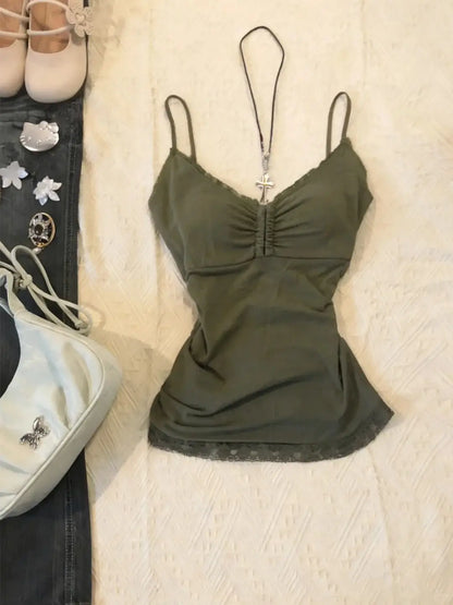 Kimotimo Vintage Lace Edge Camisole Vest Women 2026 New Folds Waist Slim Fit Sleeveless Crop Top Sexy Y2k Outerwear Tanks Gothic
