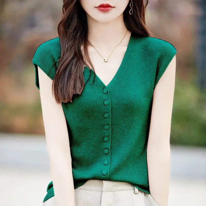 Women's Clothing New Fashion V-neck Knit Tops Summer Casual All-match Thin Sleeveless Tanks Lady Solid Single-breasted Cardigan