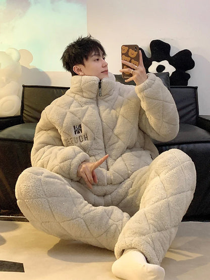 Men's Coral Fleece Sleepwear Thickened Cotton Sandwich Home Clothes Long Sleeve Zipper Closure Warm Home Suit for Autumn Winter
