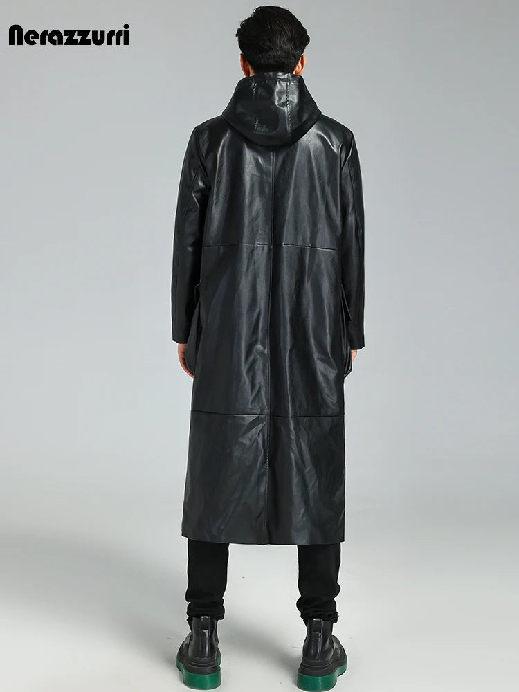 Nerazzurri Autumn Long Waterproof Black Soft Pu Leather Trench Coat Men with Hood Zipper Luxury Plus Size Overcoat 3xl 4xl 5xl