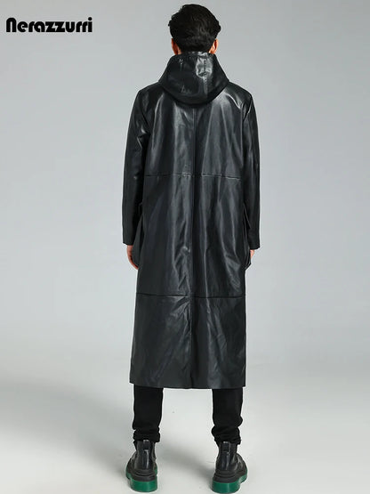 Nerazzurri Autumn Long Waterproof Black Soft Pu Leather Trench Coat Men with Hood Zipper Luxury Plus Size Overcoat 3xl 4xl 5xl