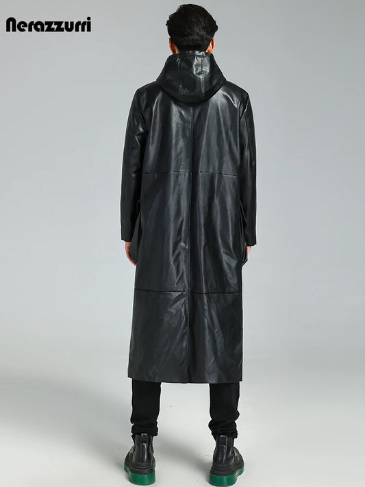 Nerazzurri Autumn Long Waterproof Black Soft Pu Leather Trench Coat Men with Hood Zipper Luxury Plus Size Overcoat 3xl 4xl 5xl