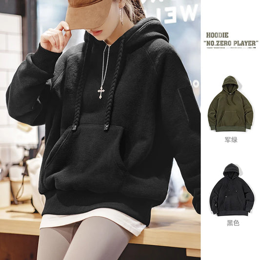 Maden Autumn and Winter Thickened Polar Fleece Hooded Sweatshirt for Women Dark Green Oversized Sweater Warm Streetwear Hoodies