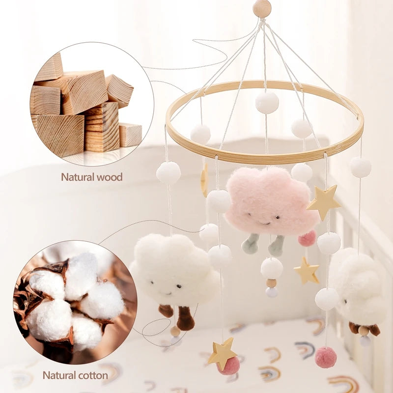 Baby Wooden Rattles Bed Bell Soft Felt Cartoon Cloudy Star Hanging  Toys Pendant Crib Mobile Toys Holder Bracket Infant Gift Kid