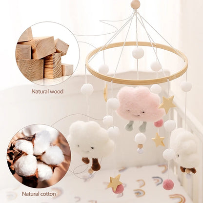 Baby Wooden Rattles Bed Bell Soft Felt Cartoon Cloudy Star Hanging  Toys Pendant Crib Mobile Toys Holder Bracket Infant Gift Kid