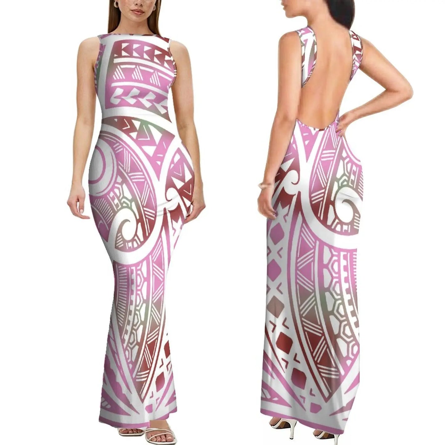 Dropshipping Custom Retro Style Design Elegant Ladies Club Dress Hawaiian Print Sleeveless Backless Dress New Zealand Prom Dress