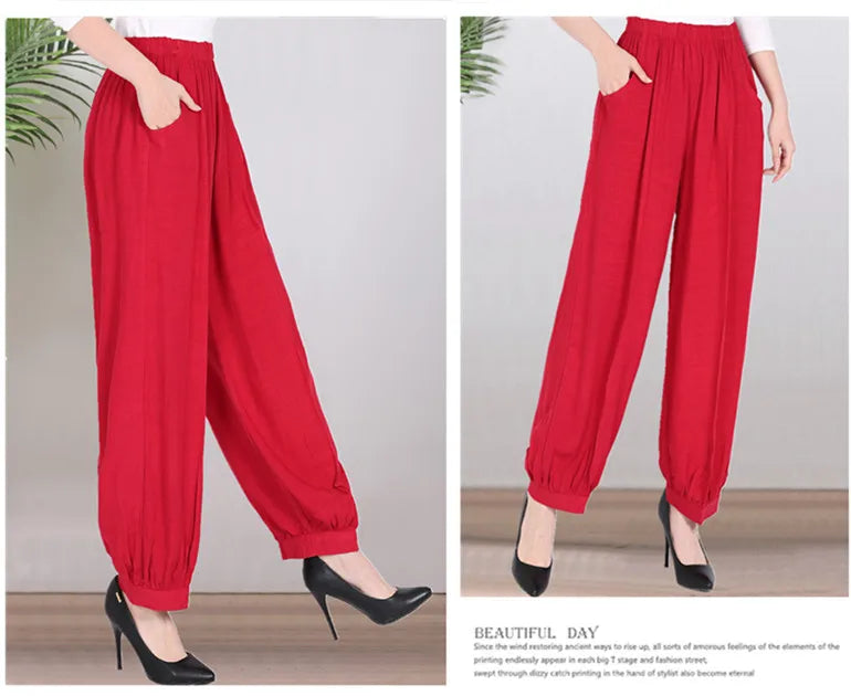 High Waist Lantern Pants Casual Cotton Silk Large Size Printed Long Trousers for Middle-Aged And Elderly Women