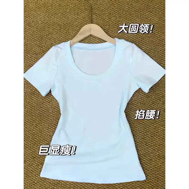 American Retro Shoulder U-neck  Color Short Sleeve T-shirt Women Summer Slimming Waist Pure Desire Short Hot Girl Top