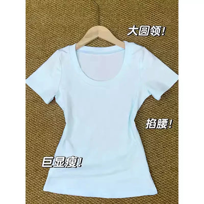 American Retro Shoulder U-neck  Color Short Sleeve T-shirt Women Summer Slimming Waist Pure Desire Short Hot Girl Top