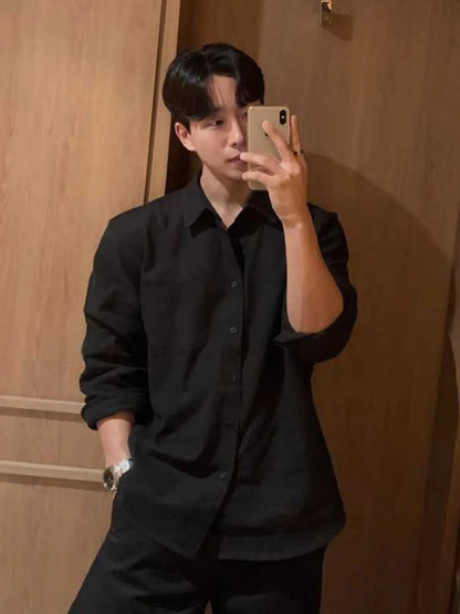 Long Sleeve Men's Casual Shirt Pure Color Design Sensation Leisure Style Korean Version Standard Fit Youth Popular Four Seasons