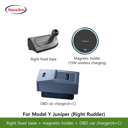 NovaAcc Magnetic Wireless Charging Mount For Tesla Model Y Juniper Model 3 Highland 2024-2026 Left Right Rudder Car Phone Holder