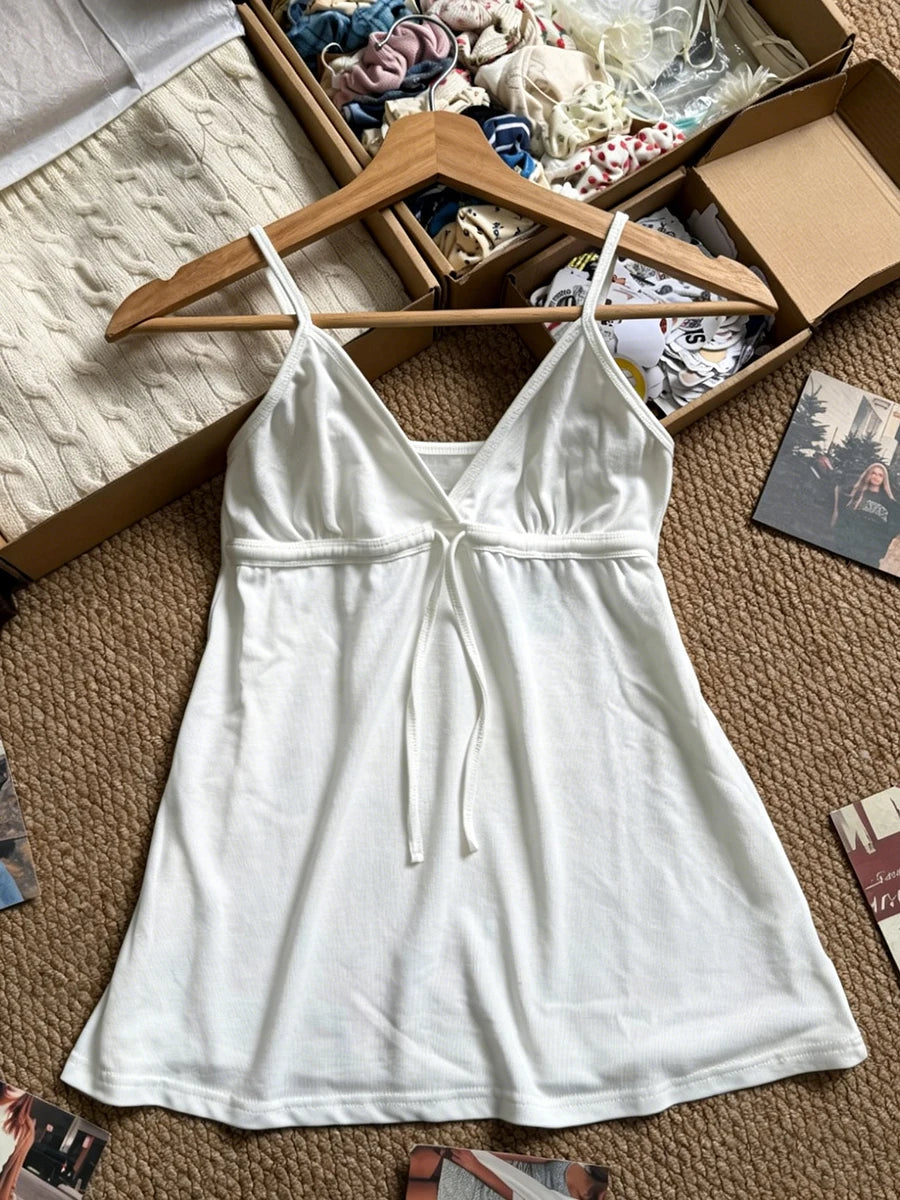 Sweet Lace-up Camisole Women Summer Streetwear Simple Basic Deep V-neck Sleeveless Vests Vintage Cute Cotton Tank Tops Y2K