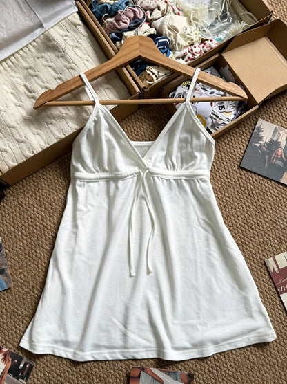 Sweet Lace-up Camisole Women Summer Streetwear Simple Basic Deep V-neck Sleeveless Vests Vintage Cute Cotton Tank Tops Y2K