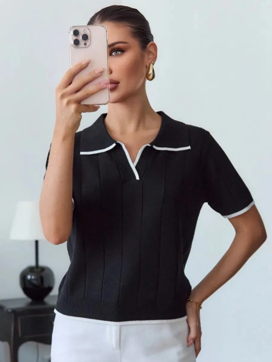 Brown Contrast White Trim Knit Polo Top for Women Short Sleeve V Neck Slim Fit Casual Knitwear