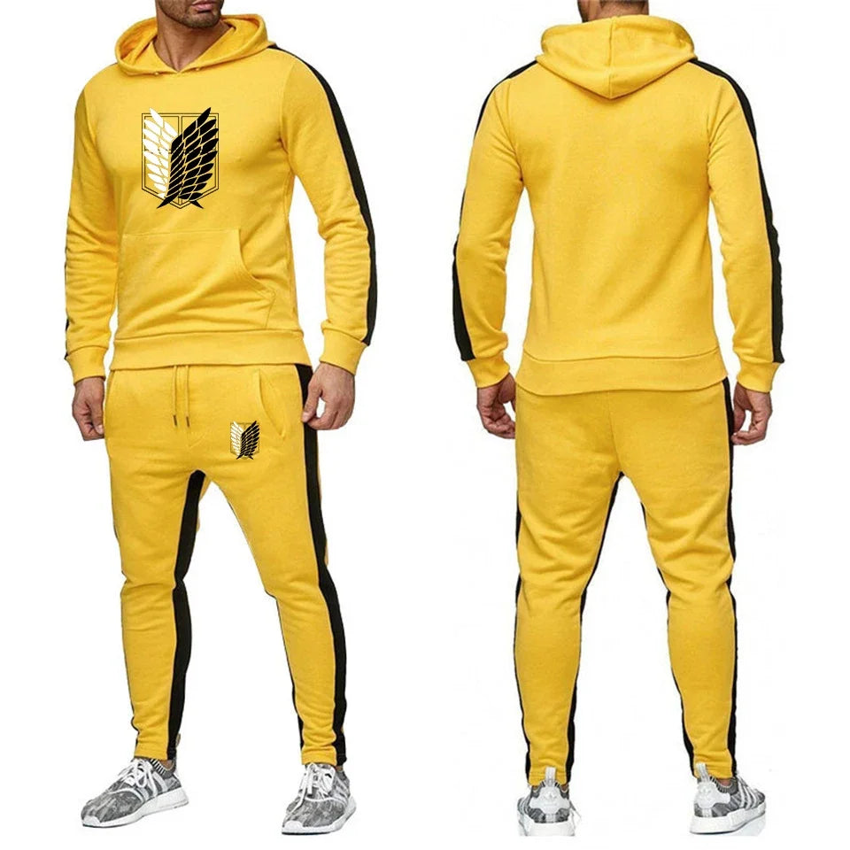 Autumn Winter Mens Tracksuit Print Casual Hooded Sweatshirt Sweatpants Set Outdoors Sports Jogging Mens Clothing DailySportswear
