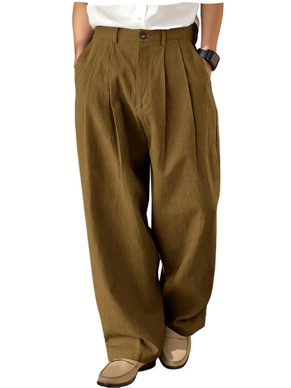 Men's Loose Pleated Wide Leg Pants Breathable Linen Blend Trousers Casual Business Suit Pants Summer Streetwear Daily Wear