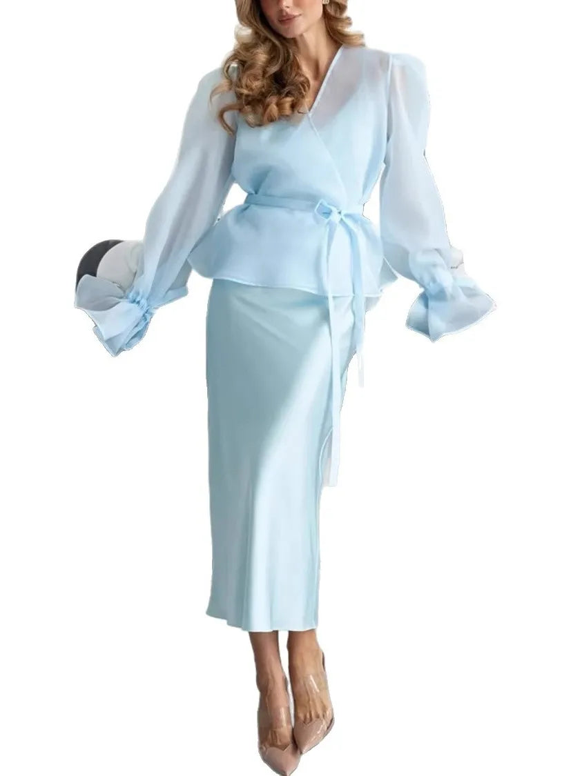 Elegant Shirt Style Satin Dress Women's High Waist Belted Long Sleeve Fashion Set High Quality Chinese Brand Summer Outfit