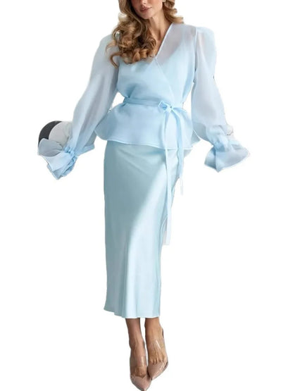 Elegant Shirt Style Satin Dress Women's High Waist Belted Long Sleeve Fashion Set High Quality Chinese Brand Summer Outfit
