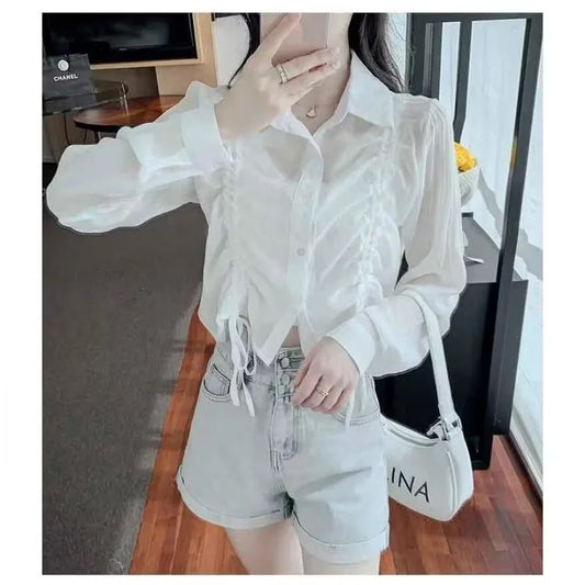 Women Blouse Drawstring Sunscreen Short Tops Long Sleeve Shirts Lightweight Outerwear Spring Summer Jacket Trend Buttons Shirts
