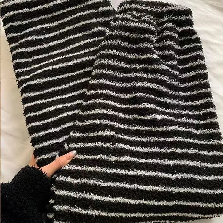 Cozy Coral Fleece Thickened High Waist Wide Leg Pants Women's Winter Home Leisure Trousers Stripe Pattern Soft Plush Sleepwear