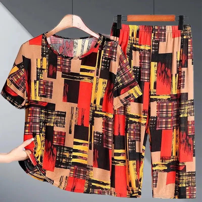 Ice Silk Two-Piece Set for Mom Summer Casual Short Sleeve Large Size Elderly Women's Fashionable Stripe And Plaid Ensemble