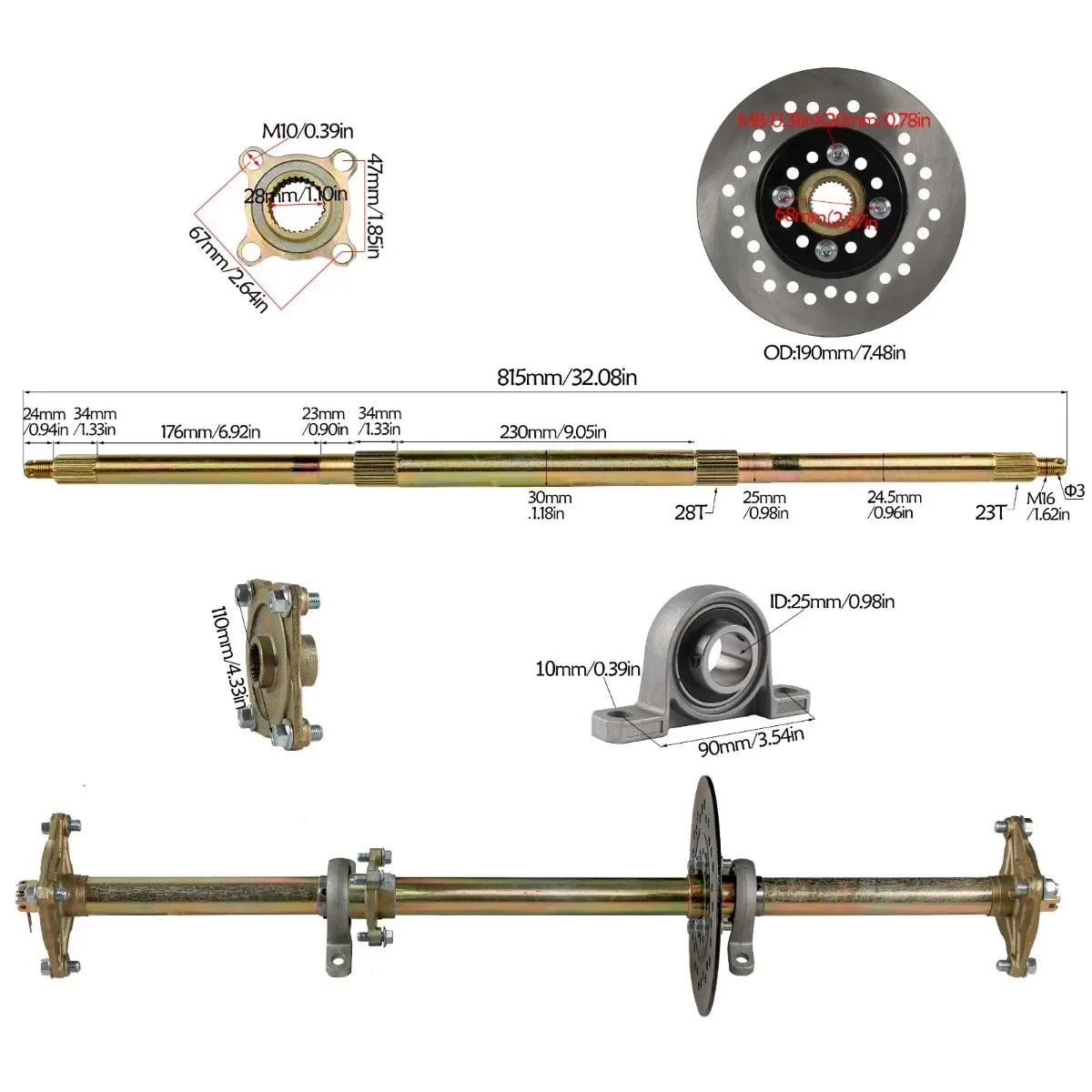 32" Rear Axle Assembly Kit Shaft + Hub+ Chain+ Brake Master Cylinder for  Go Kart ATV Drift Trike Cart