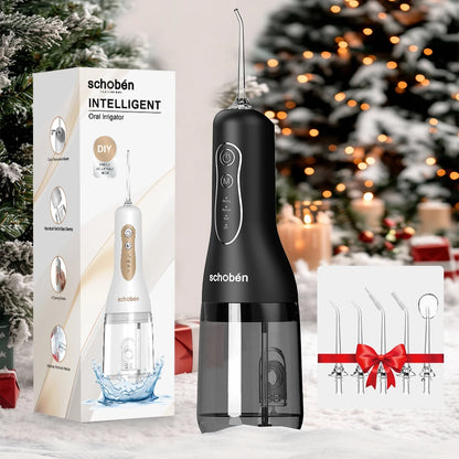 Schoben Water Flosser 2.0, a portable oral irrigator, is a rechargeable electric flosser featuring 4 cleaning modes, 5 nozzles,