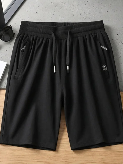 Black Sports Casual Shorts Men Summer Thin Pure Cotton Straight Leg mid Waist Drawstring Five Pocket Zipper Pants