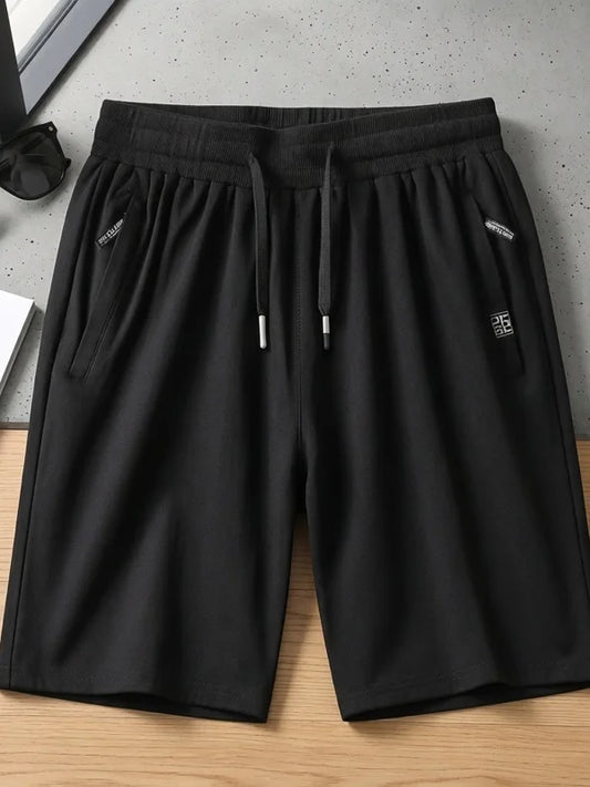 Black Sports Casual Shorts Men Summer Thin Pure Cotton Straight Leg mid Waist Drawstring Five Pocket Zipper Pants