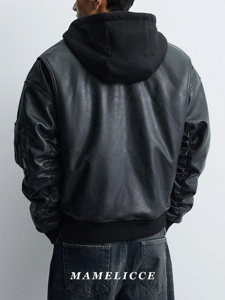 MAMELICCE Original design Hooded Splicing Faux leather jacket Men's clothing Thickened coat Cotton jackets Autumn and winter top