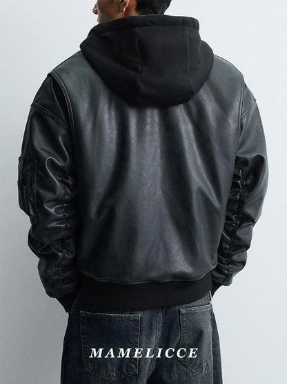 MAMELICCE Original design Hooded Splicing Faux leather jacket Men's clothing Thickened coat Cotton jackets Autumn and winter top