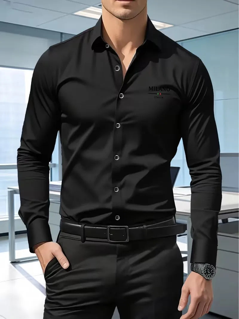 Men's Premium Business Casual Shirt MILANO Logo Print Slim Fit Long Sleeve Wrinkle Resistant Dress Shirt Multi Styles Available